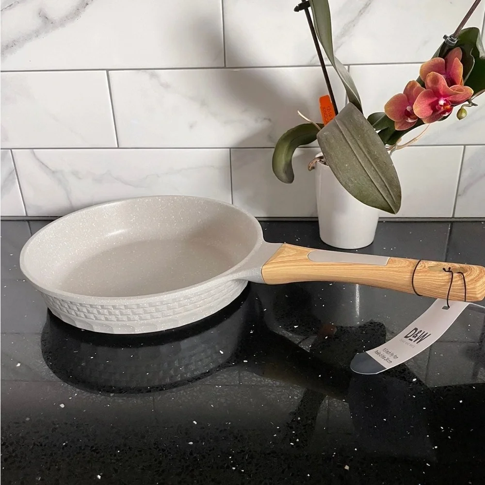 Light Gray Ceramic Nonstick Cookware Set with Wood-Effect Handles